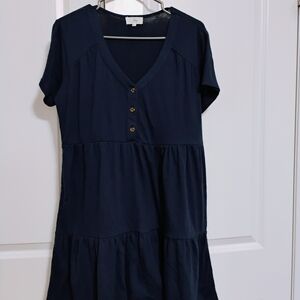 Classic Navy V‑Neck Tiered Midi Dress with Button Detail